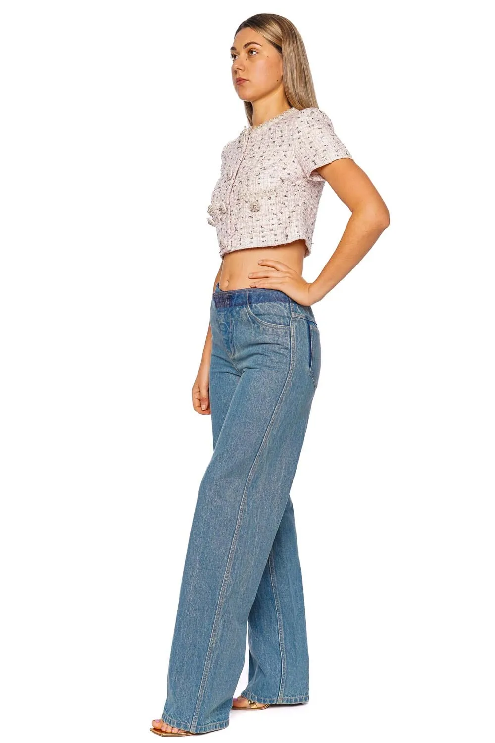 Pink Boucle Short Sleeve Pearl Top