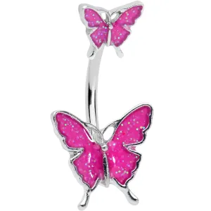 Pink Double Butterfly Glitter Wings Double Mount Belly Ring