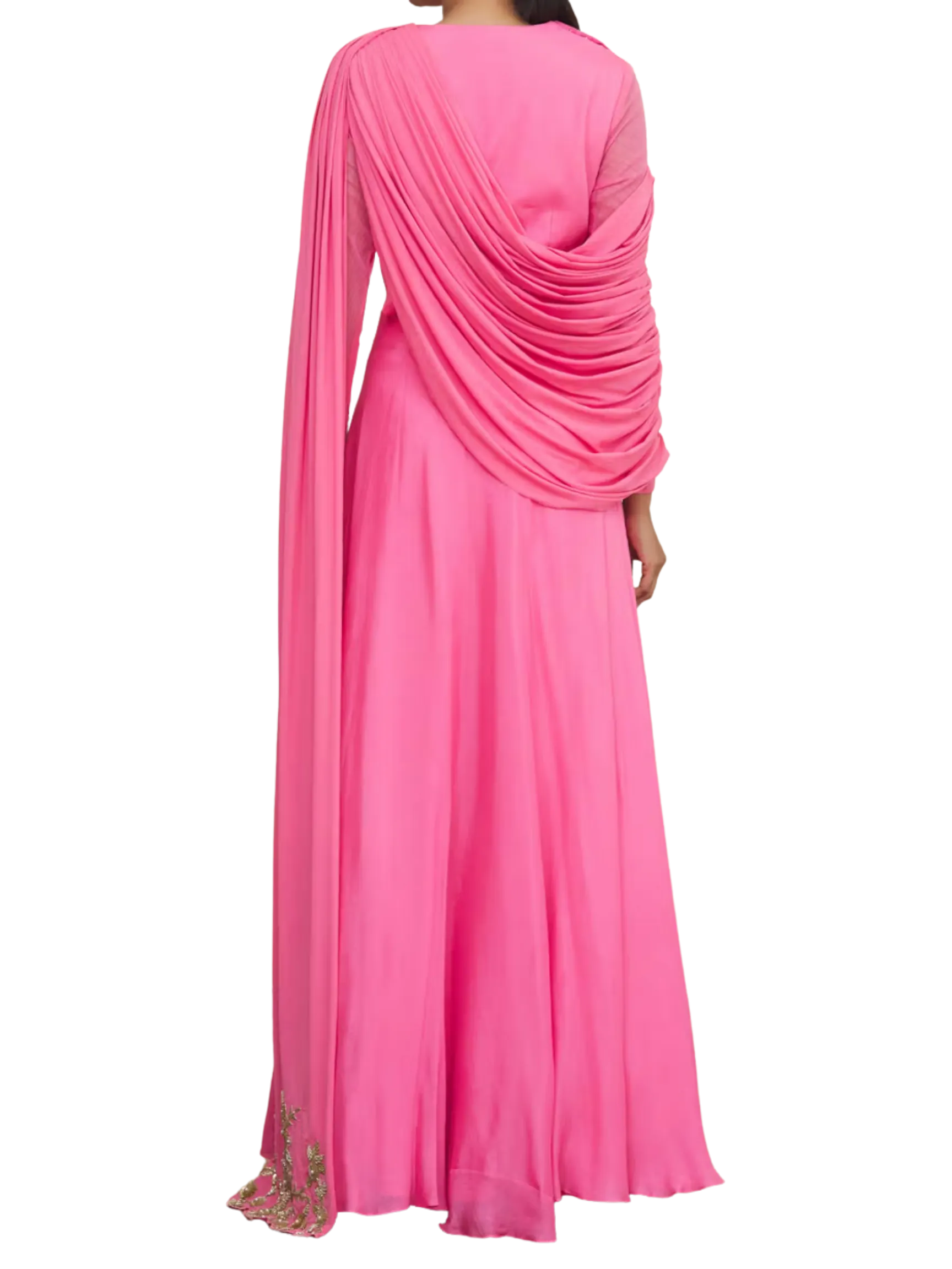 Pink Draped Gown with Gold Embroidery