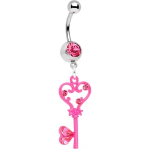 Pink Gem Pink Heart Key to Unlock Love Dangle Belly Ring