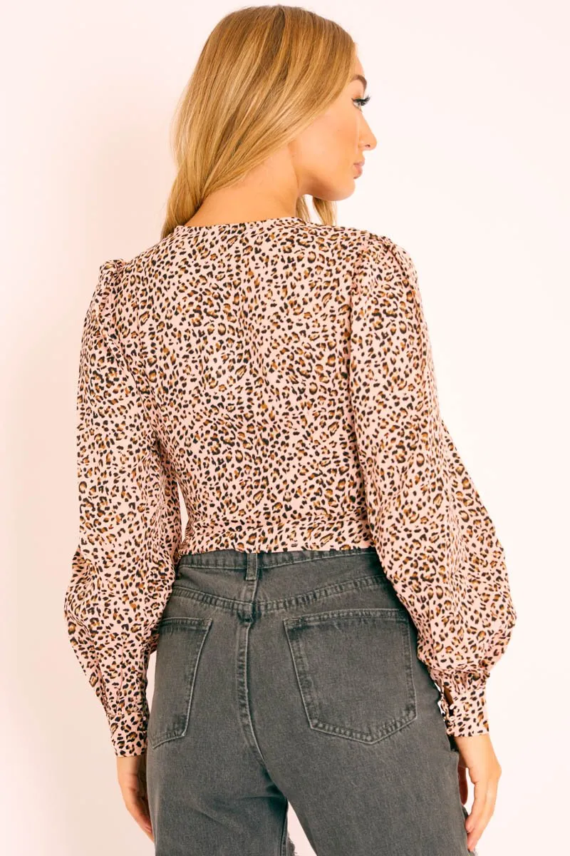 Pink Leopard Print Plunge Button Blouse - Polly
