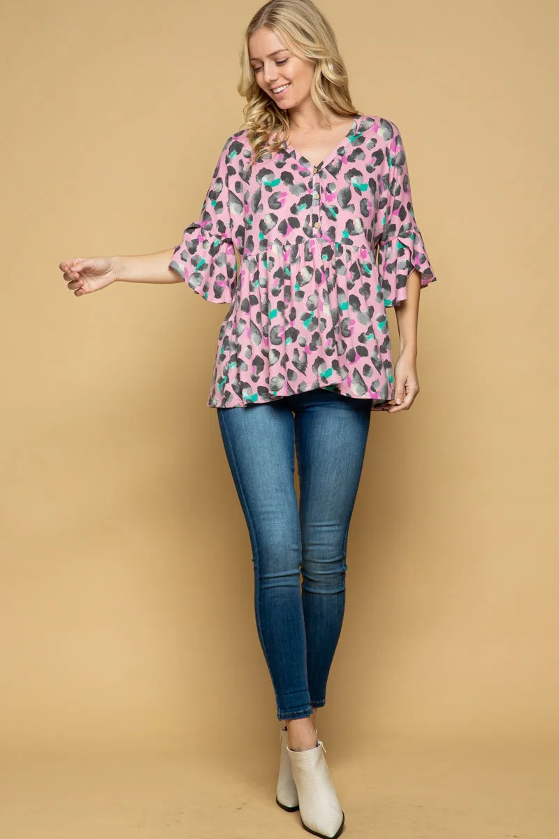 Pink Leopard V-Neck Button Down Babydoll Top