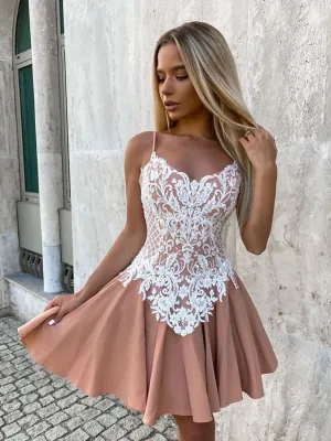 Pink Short Prom Dress, V Neck Lace Pink Homecoming Dresses