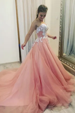 Pink sweetheart tulle lace long prom dress pink tulle lace formal dress