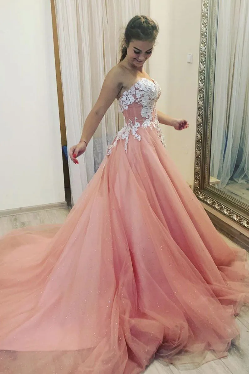 Pink sweetheart tulle lace long prom dress pink tulle lace formal dress