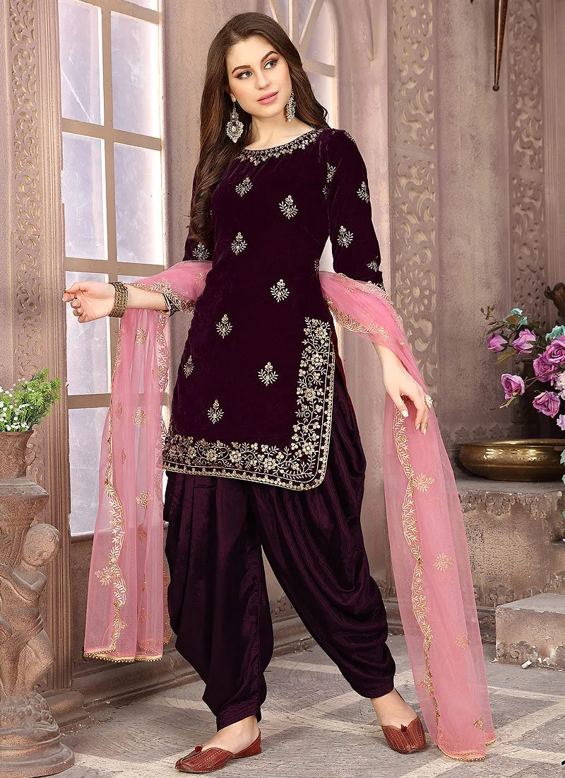 Plum And Pink Embroidered Salwar Kameez Suit