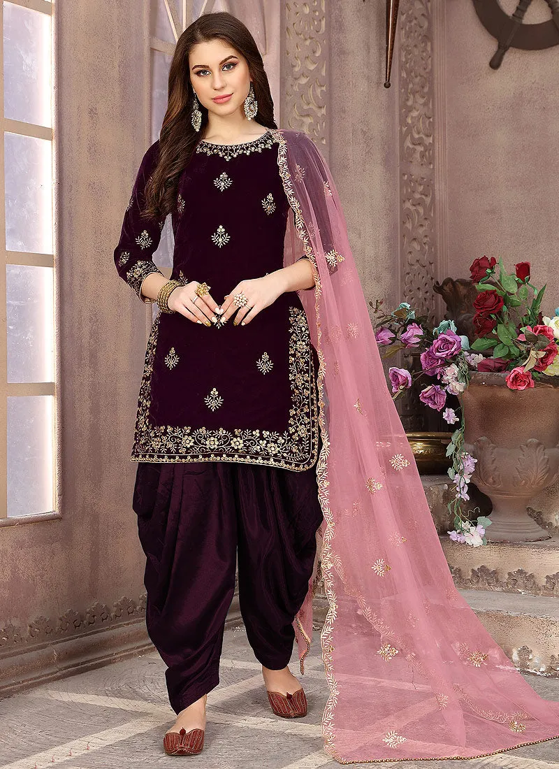 Plum And Pink Embroidered Salwar Kameez Suit