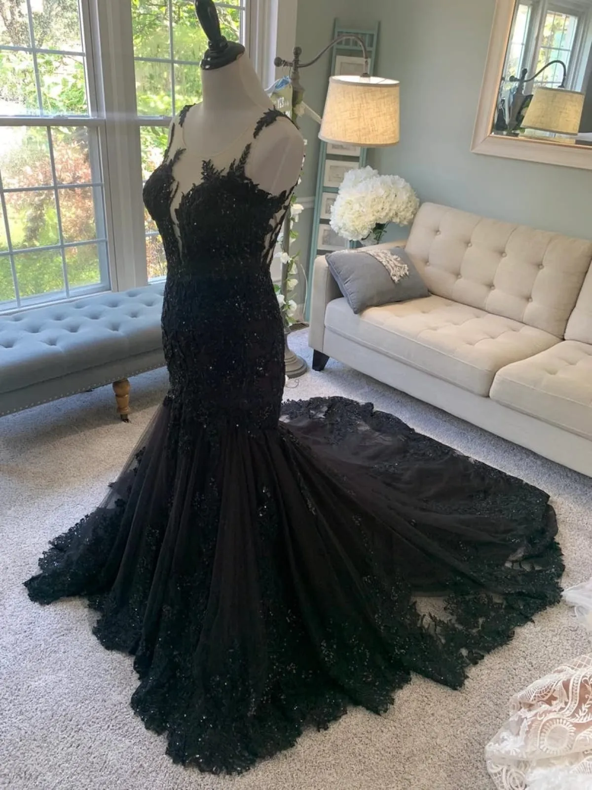 Plunge Illusion Tank Chapel Lace Tulle Black Trumpet Wedding Dress