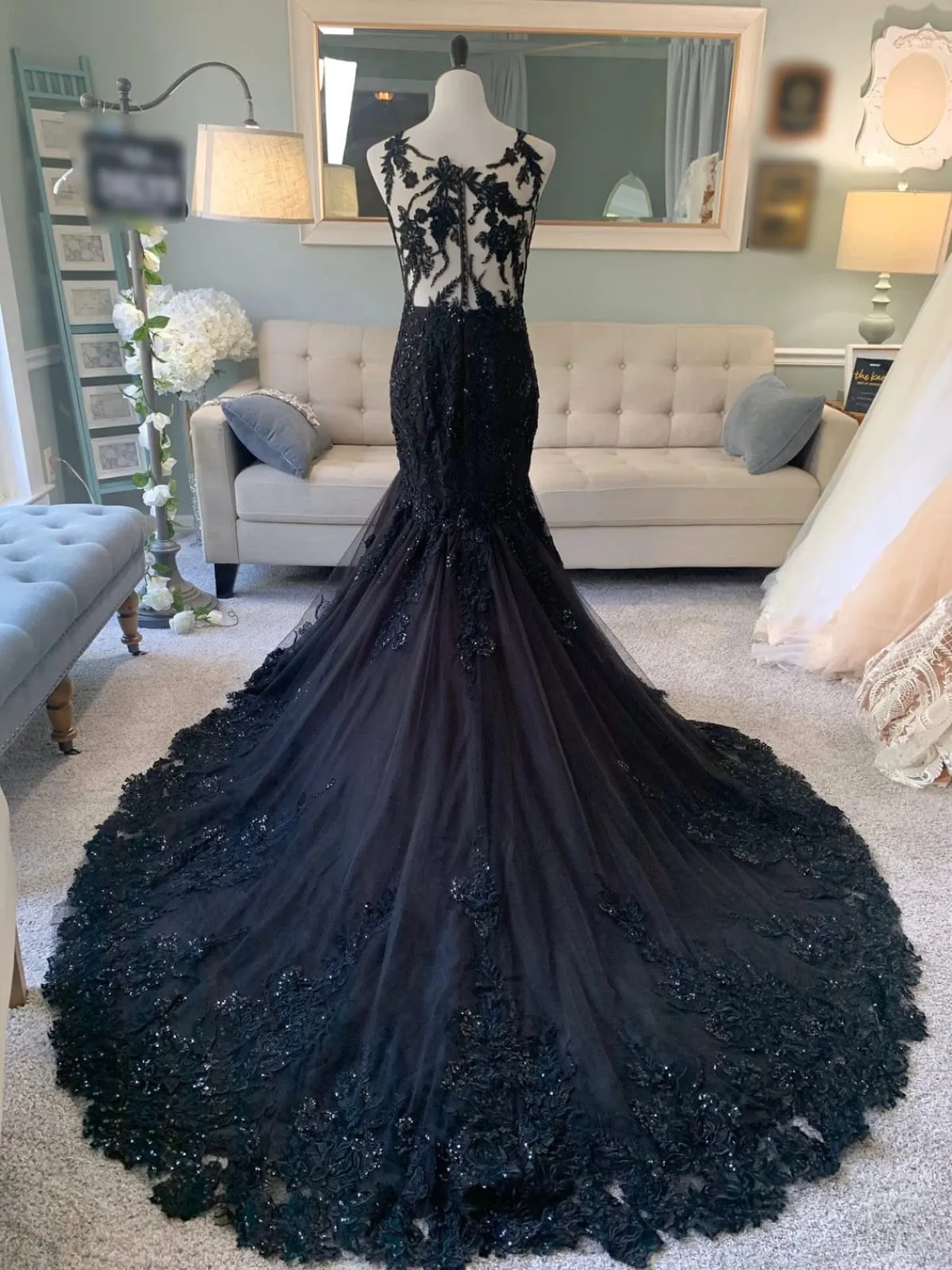 Plunge Illusion Tank Chapel Lace Tulle Black Trumpet Wedding Dress