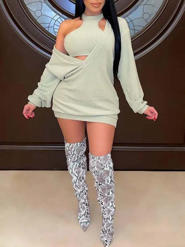 Plunge Sweatshirt Dress with Crop Top