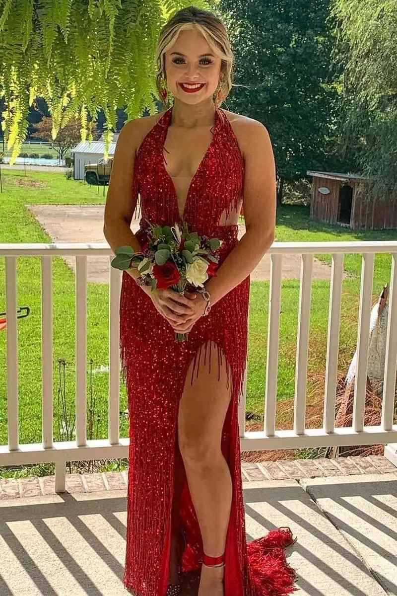 Plunging V-Neck Black Side Cut-Out Long Prom Dress with Fringe