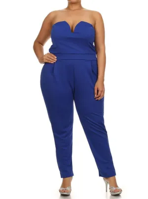 Plus Size Divine Plunging Neckline Blue Jumpsuit