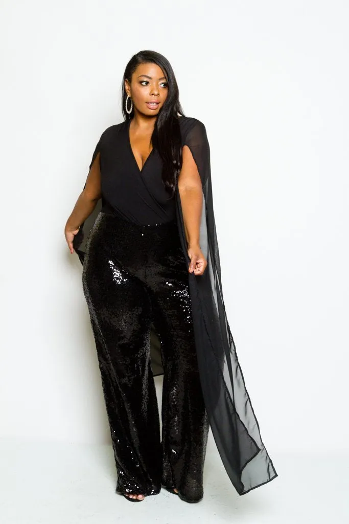 Plus Size Elegant Sheer Sequin Cape Sleeve Jumpsuit [SALE]