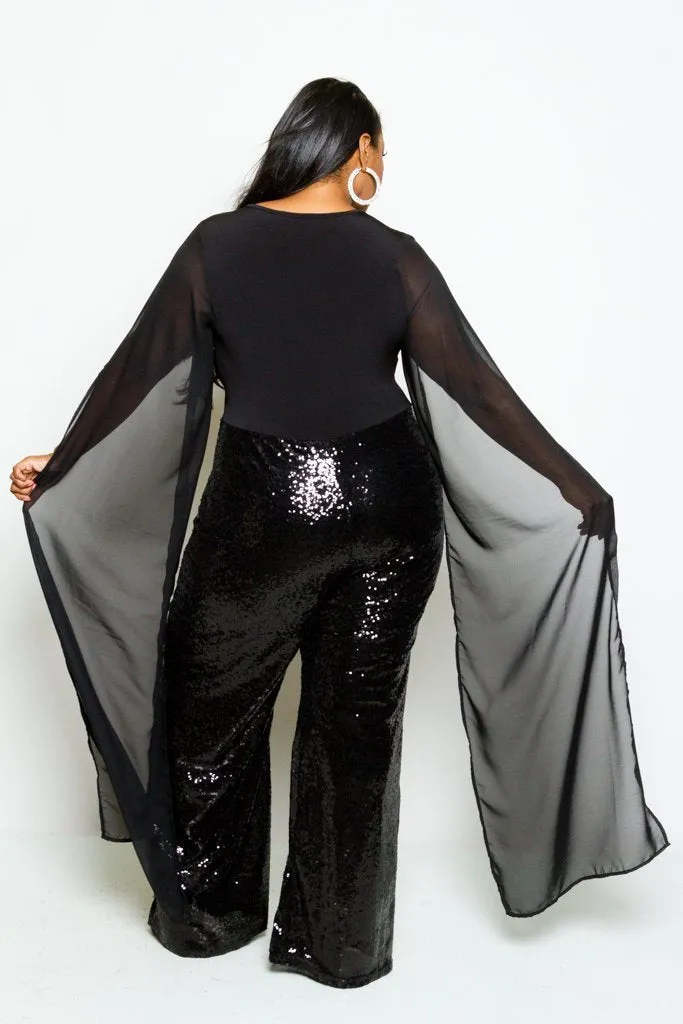 Plus Size Elegant Sheer Sequin Cape Sleeve Jumpsuit [SALE]