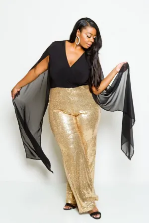 Plus Size Elegant Sheer Sequin Cape Sleeve Jumpsuit [SALE]
