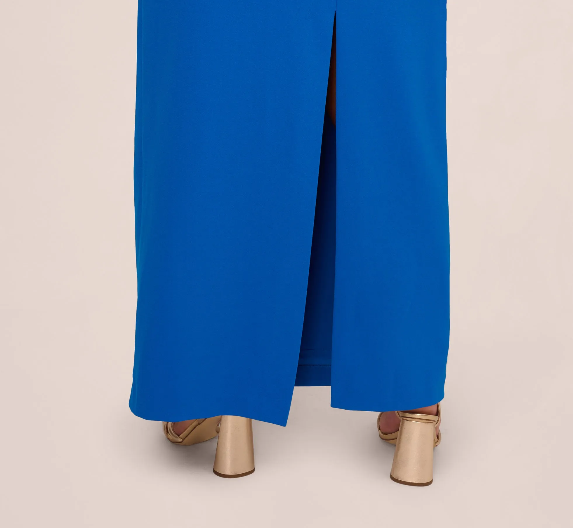 Plus Size Knit Crepe Sleeveless Column Gown With Draped Accent In Cool Cobalt