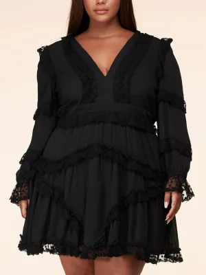 PLUS SIZE LONG SLEEVE V-NECK RUFFLE BACK LACE UP MINI DRESS