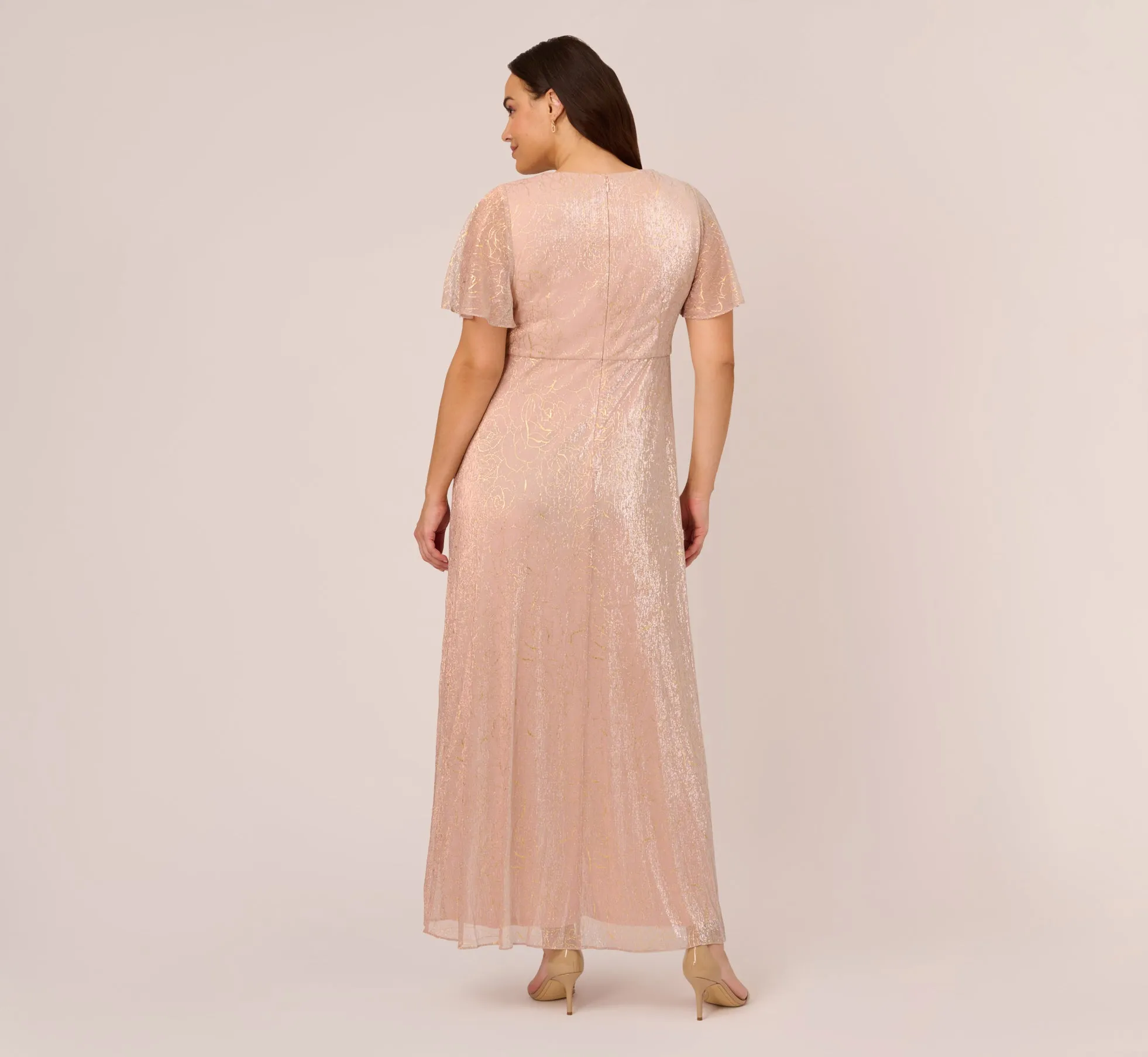 Plus Size Metallic Mesh Draped Gown In Rose Gold