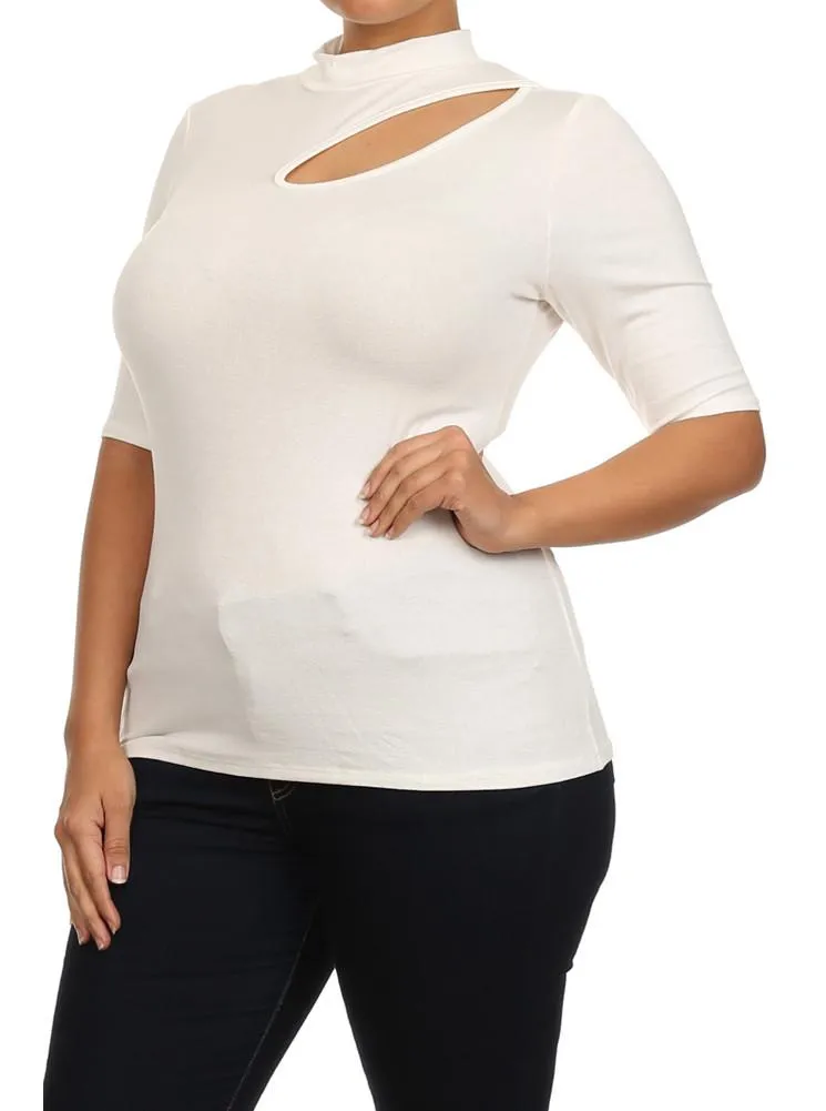 Plus Size Mock Turtle Neck Cut Out White Top