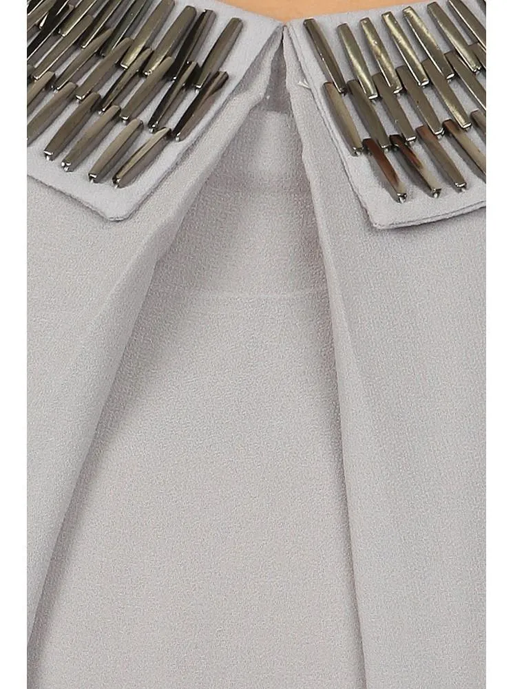 Plus Size Mod Embellished Neckline Sheer Grey Top