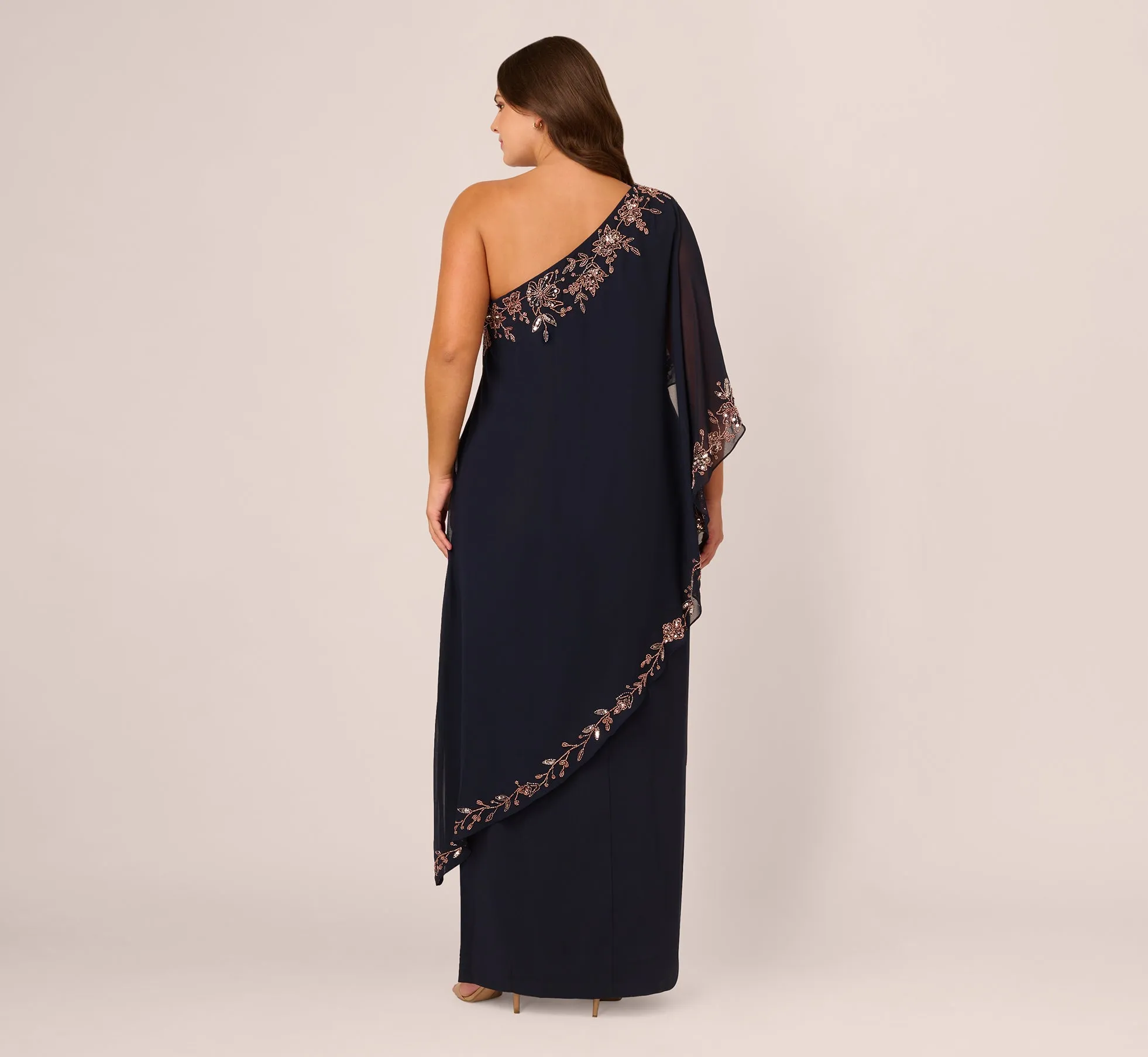 Plus Size One Shoulder Bead Chiffon Cape Dress In Navy Rosegold