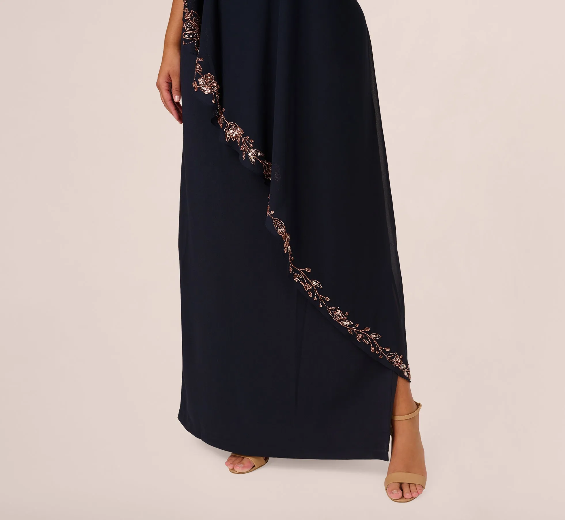 Plus Size One Shoulder Bead Chiffon Cape Dress In Navy Rosegold