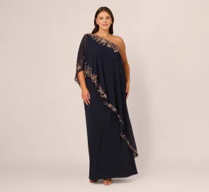 Plus Size One Shoulder Bead Chiffon Cape Dress In Navy Rosegold