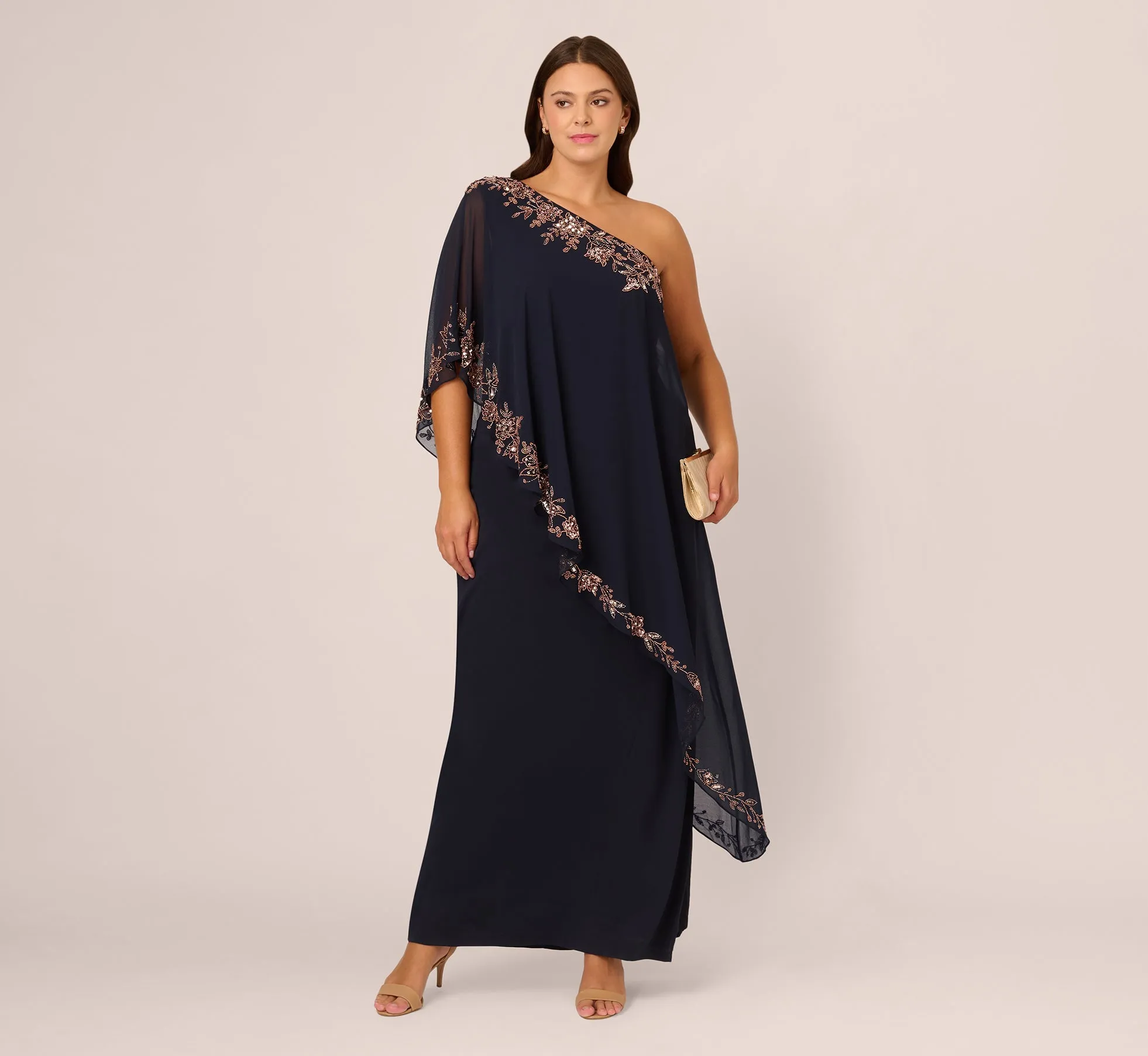 Plus Size One Shoulder Bead Chiffon Cape Dress In Navy Rosegold
