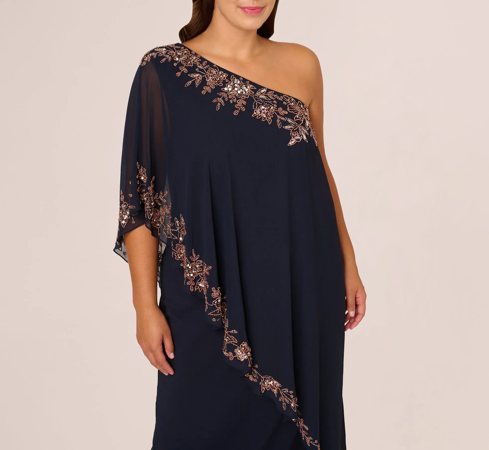 Plus Size One Shoulder Bead Chiffon Cape Dress In Navy Rosegold