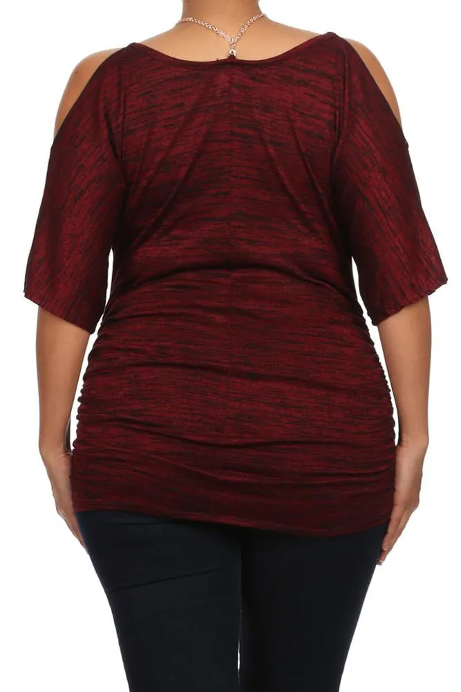 Plus Size Pretty Cut Out Shoulders Ruched Red Top