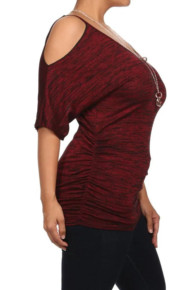 Plus Size Pretty Cut Out Shoulders Ruched Red Top