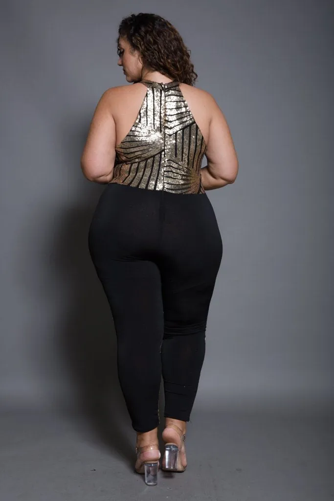 Plus Size Racer-back Sparkling Sequin Jumpsuit [SALE]