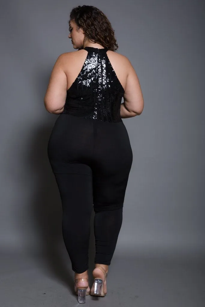 Plus Size Racer-back Sparkling Sequin Jumpsuit [SALE]
