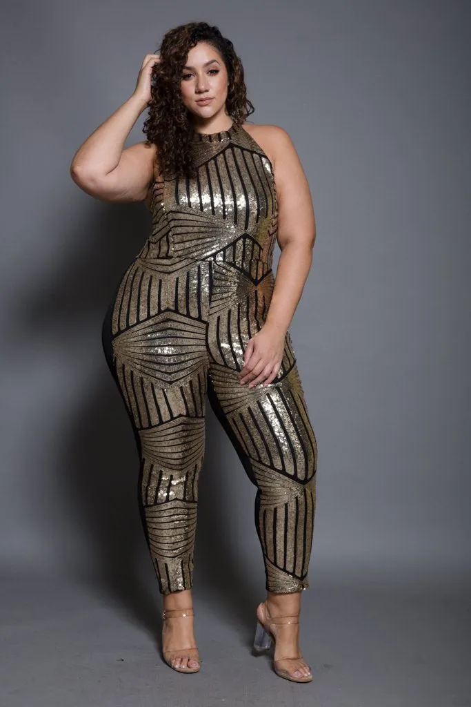 Plus Size Racer-back Sparkling Sequin Jumpsuit [SALE]