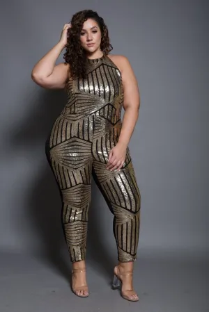 Plus Size Racer-back Sparkling Sequin Jumpsuit [SALE]