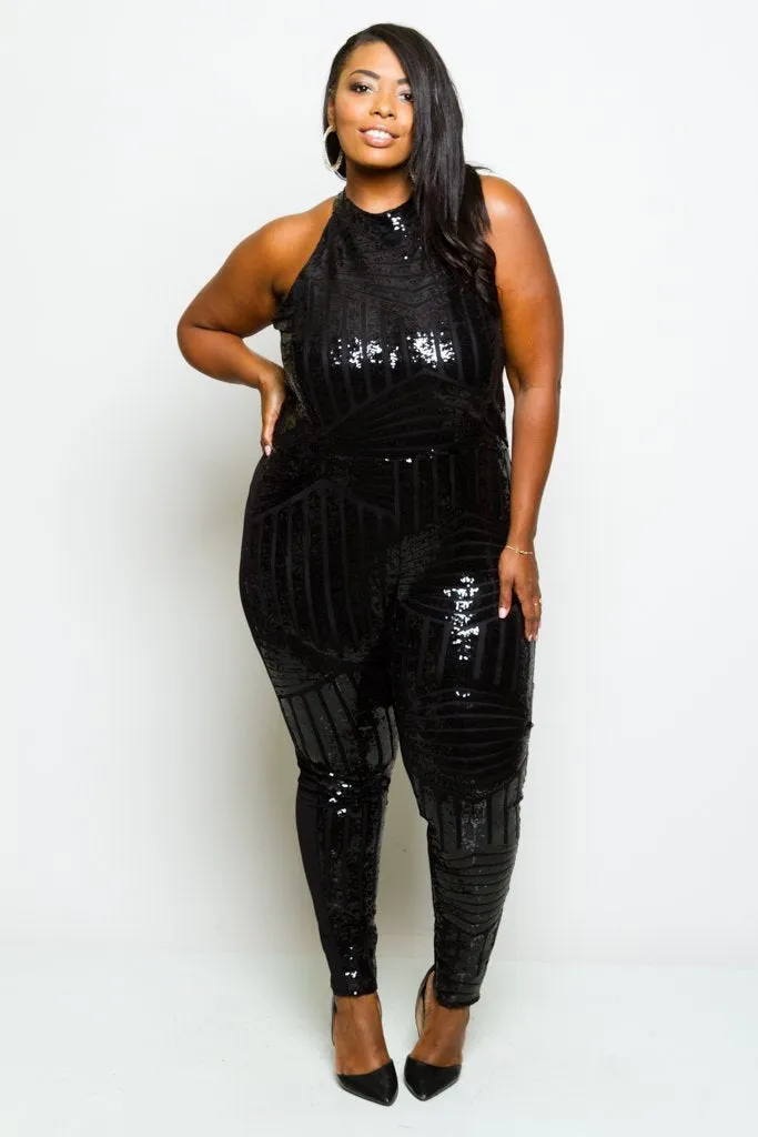 Plus Size Racer-back Sparkling Sequin Jumpsuit