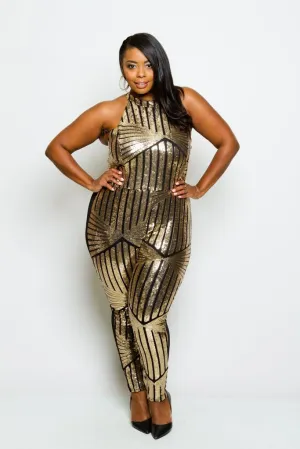Plus Size Racer-back Sparkling Sequin Jumpsuit