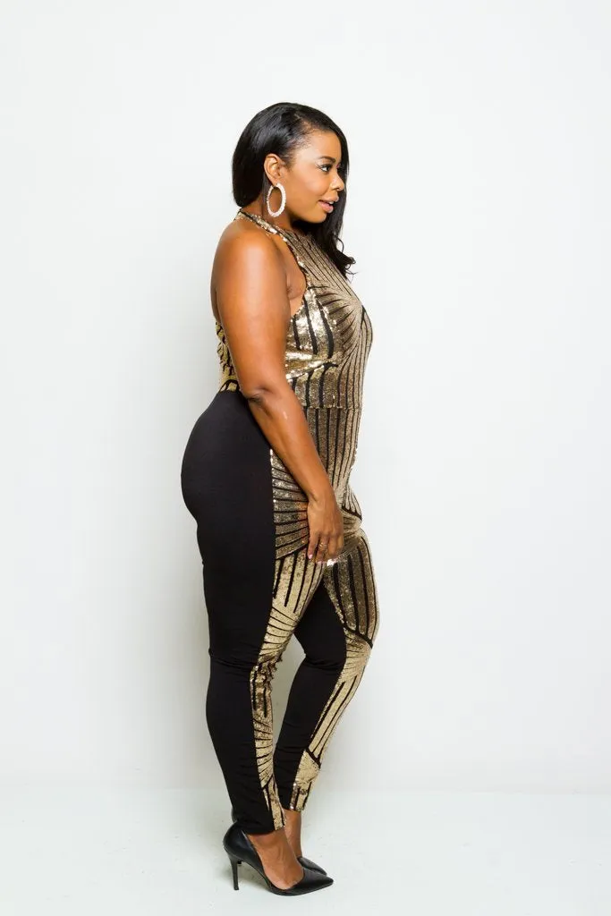 Plus Size Racer-back Sparkling Sequin Jumpsuit