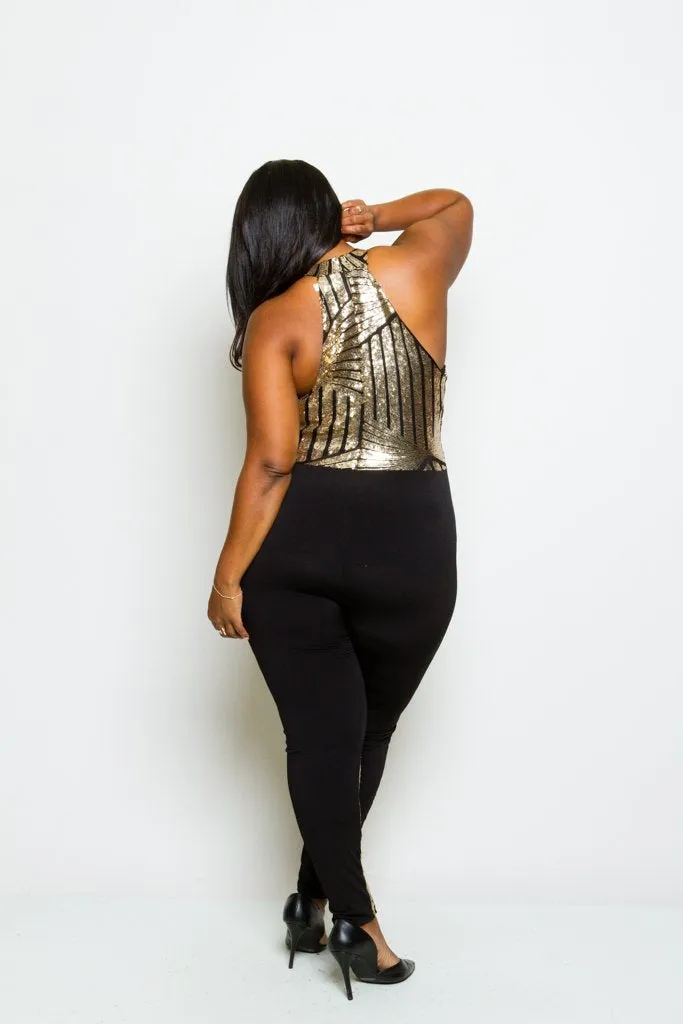 Plus Size Racer-back Sparkling Sequin Jumpsuit