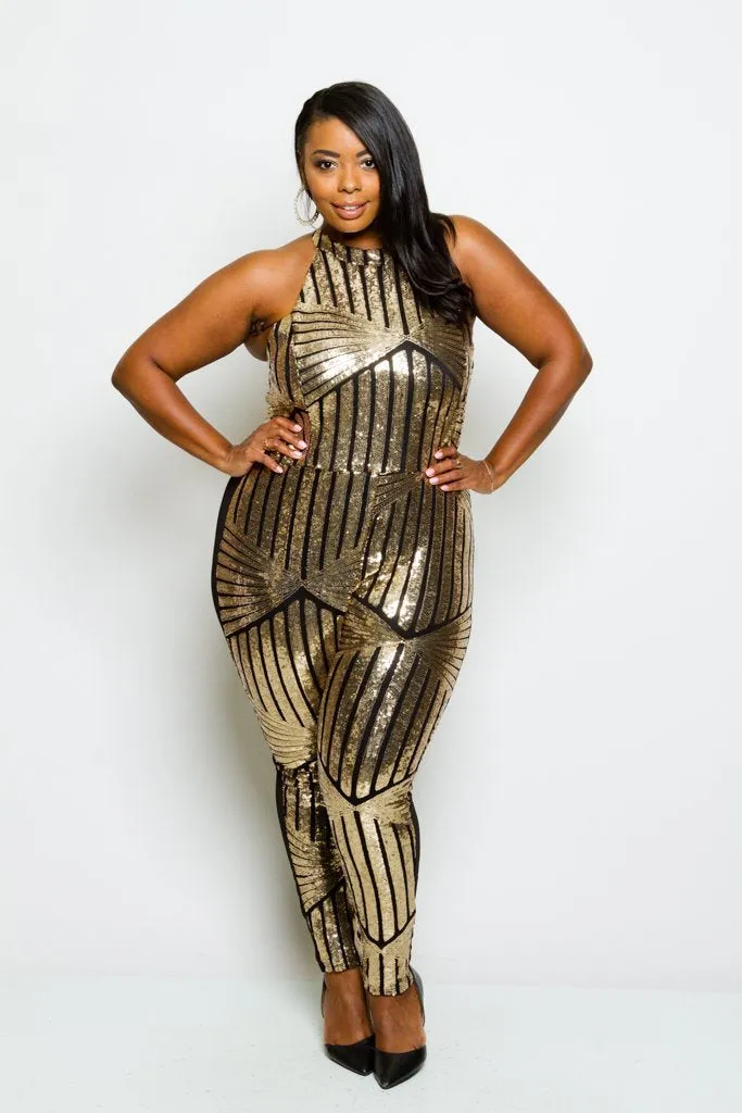 Plus Size Racer-back Sparkling Sequin Jumpsuit