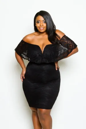 Plus Size Sexy Off Shoulder Sexy Lace Flounce Dress