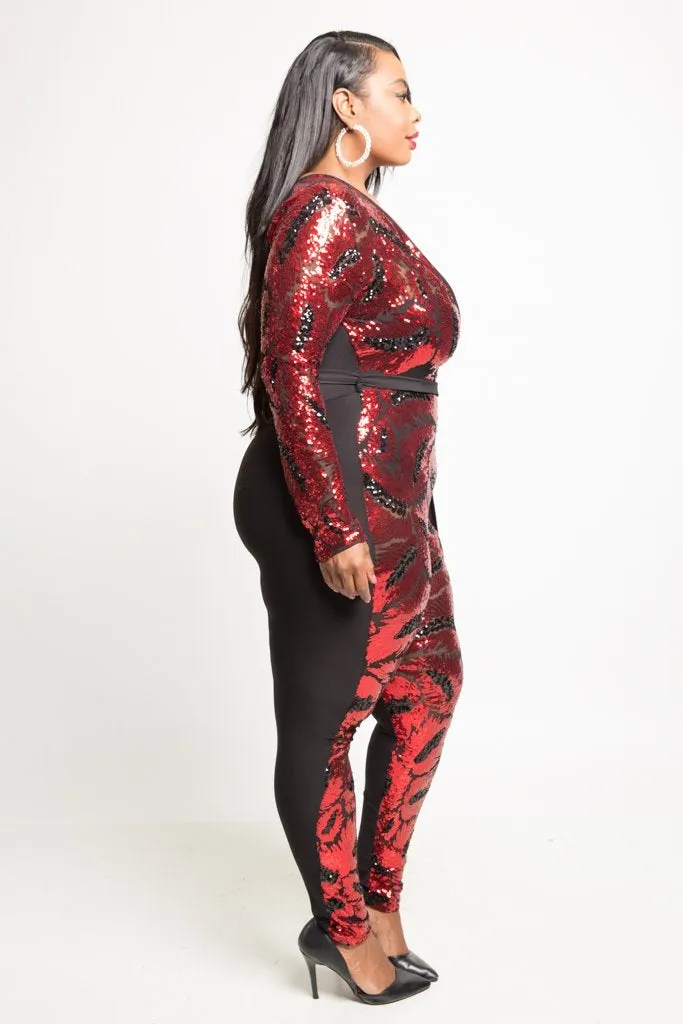 Plus Size Sparkling Deep V-Neck Sequin Jumpsuit