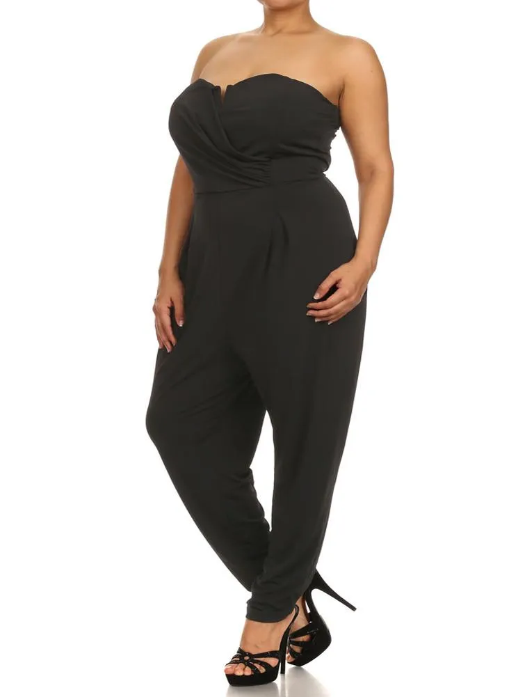 Plus Size Strapless Cross Over Black Jumpsuit