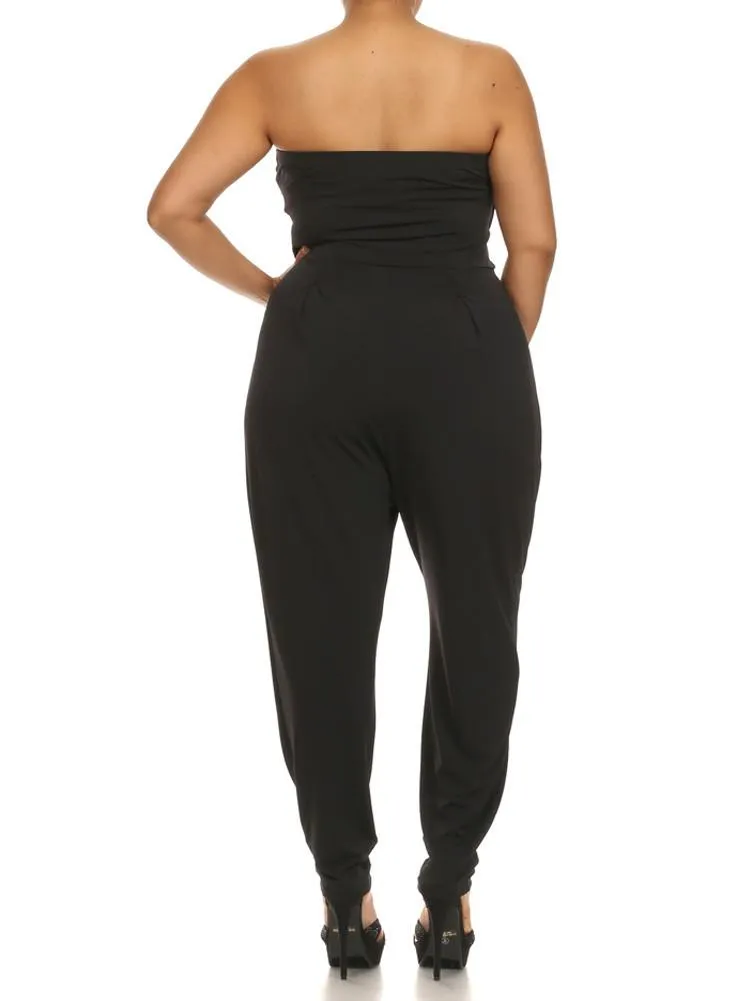 Plus Size Strapless Cross Over Black Jumpsuit
