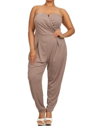 Plus Size Strapless Cross Over Taupe Jumpsuit