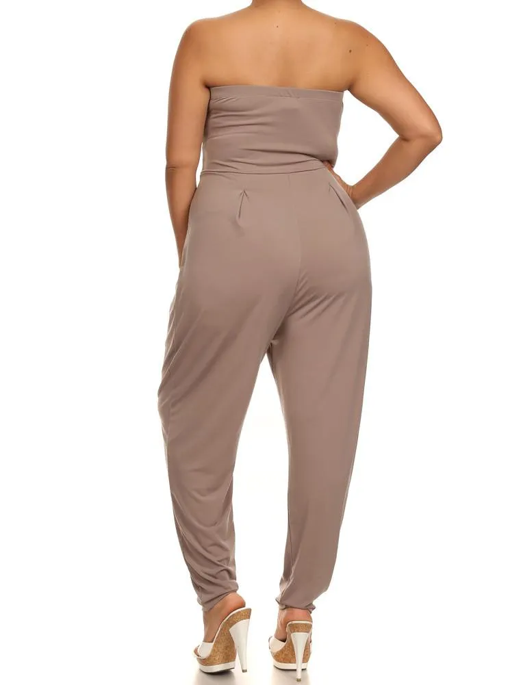 Plus Size Strapless Cross Over Taupe Jumpsuit