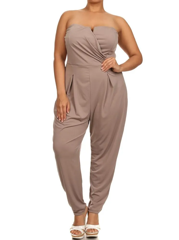 Plus Size Strapless Cross Over Taupe Jumpsuit