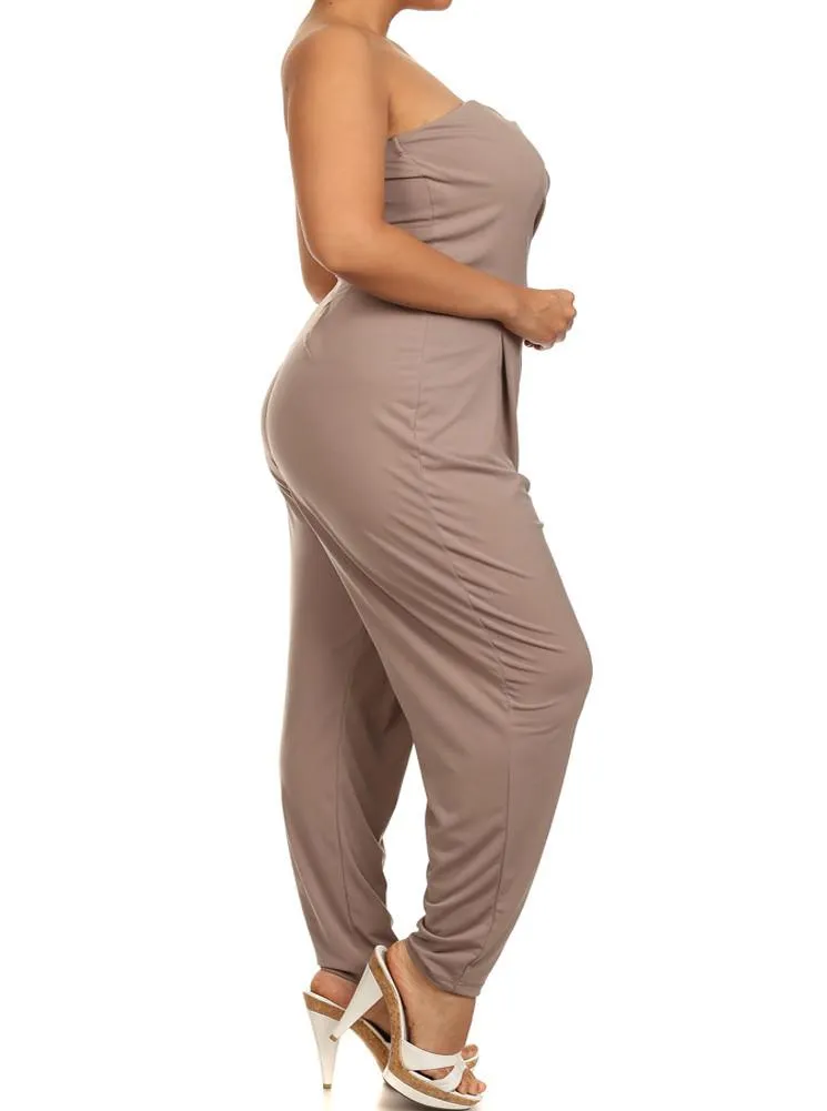 Plus Size Strapless Cross Over Taupe Jumpsuit