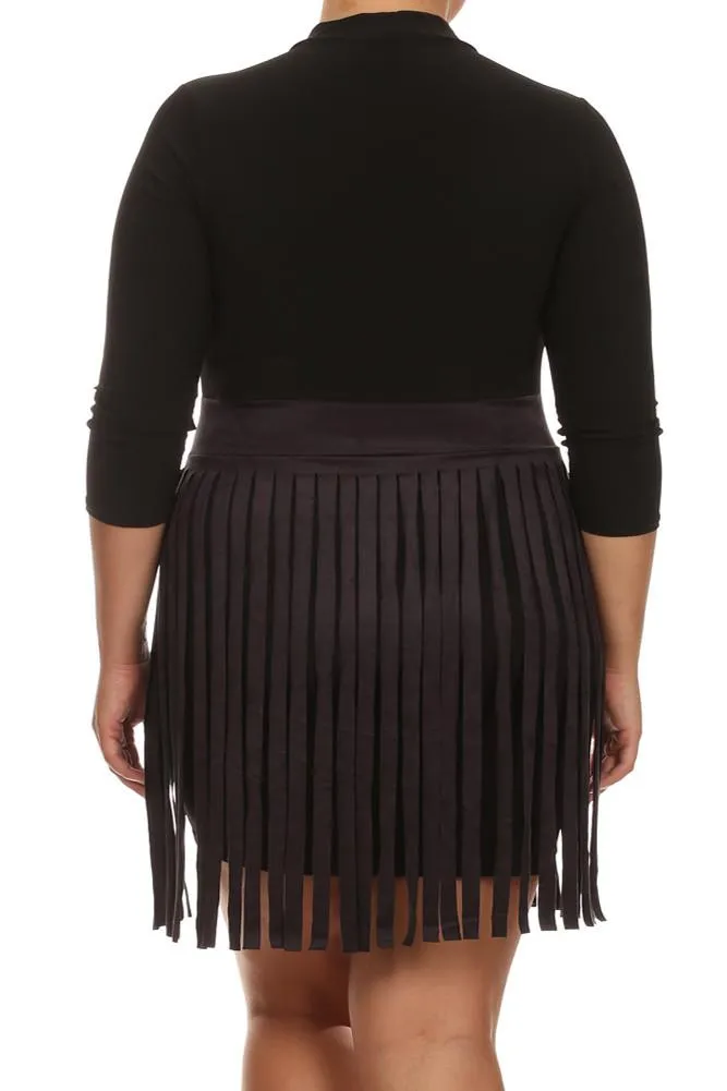 Plus Size Suede Fringe Skirt Black Dress