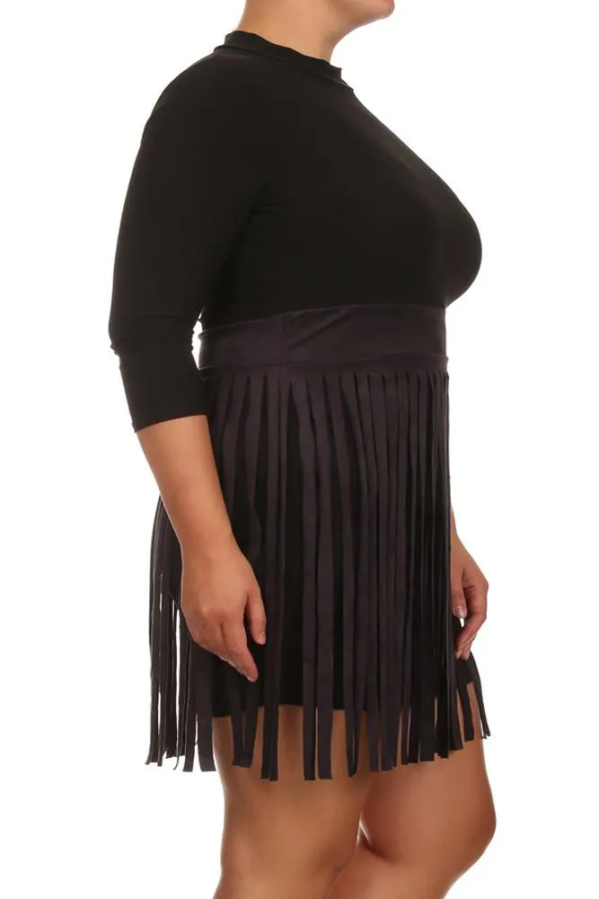 Plus Size Suede Fringe Skirt Black Dress